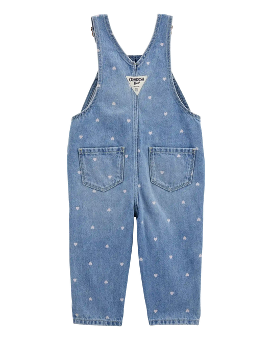 Baby Heart-Print Knit Denim Overalls - Blue