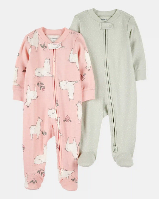 Baby Girl 2-Pack 2-Way Zip Cotton Sleep & Play Pajamas - Pink/Green