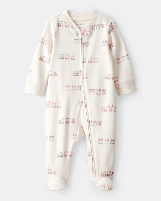 Baby Girl Train Print 100% Cotton Long-Sleeve Snug Fit Sleep & Play Pajamas - Cream