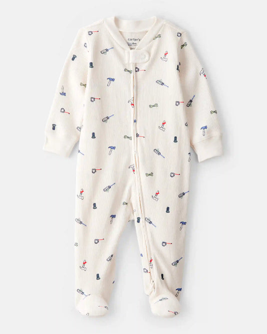 Baby Boy Construction Print Cotton Long-Sleeve Snug Fit Sleep & Play Pajamas - White