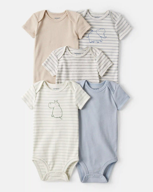 Baby Boy 5-Pack Hippo Multipack Bodysuits - Brown/Blue/White
