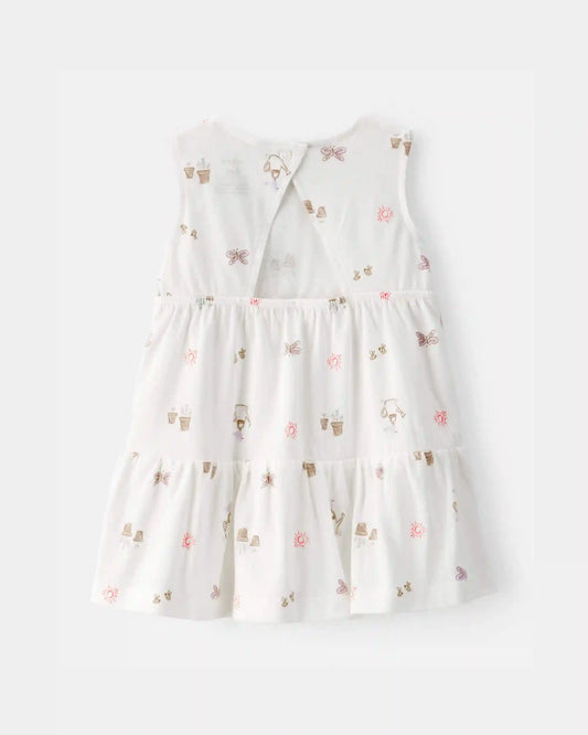 Baby Girl Gardening Print Sleeveless Dress - White