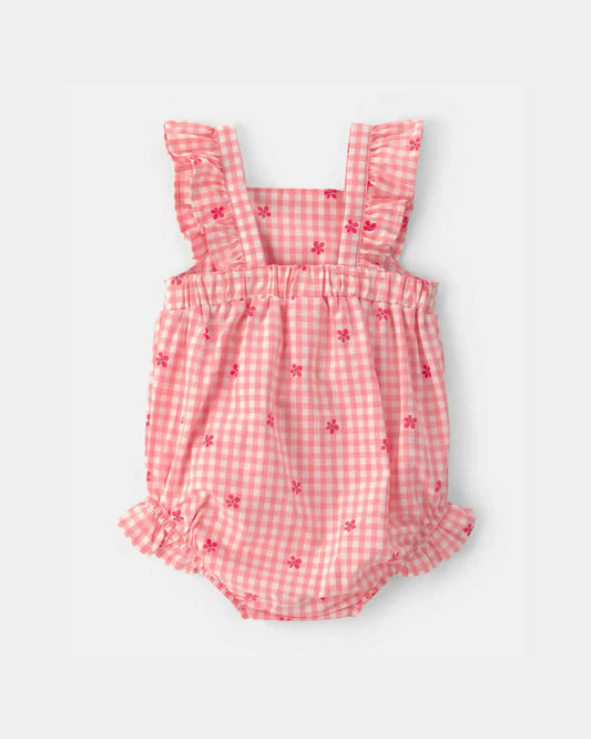 Baby Girl Gingham Flower Romper - Pink