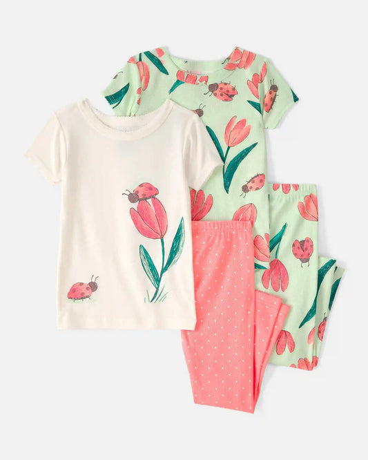 Baby Girl Ladybug Floral 100% Cotton Snug Fit 4-Piece Pajama Set - Pink/Green