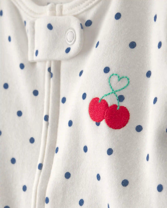 Baby Girl Cherry 2-Way Zip 100% Cotton Sleep & Play Pajama - White