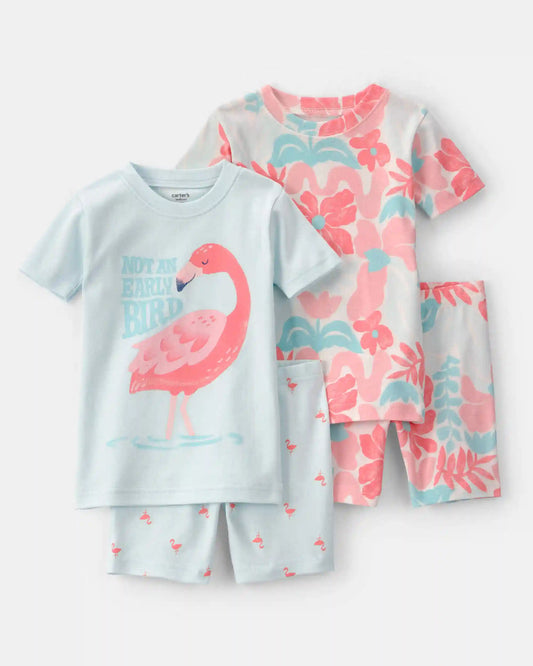 Baby Girl Flamingo 100% Cotton Short-Sleeve Snug Fit 4-Piece Pajama Set - Pink/Blue