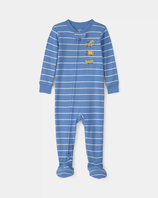 Baby Boy Construction Striped 100% Cotton Snug Fit 1-Piece Pajama - Blue