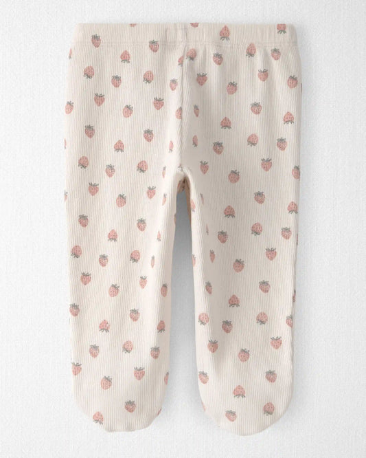 Baby Girl Organic Cotton Rib Footed Pants in Strawberry Print