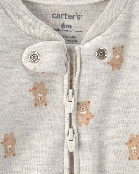 Baby Teddy Bear Cotton 2-Way Zip Sleep & Play Pajamas - Grey