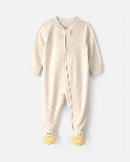 Baby Girl Bee 100% Cotton 2-Way Zip Sleep & Play Pajamas - Ivory