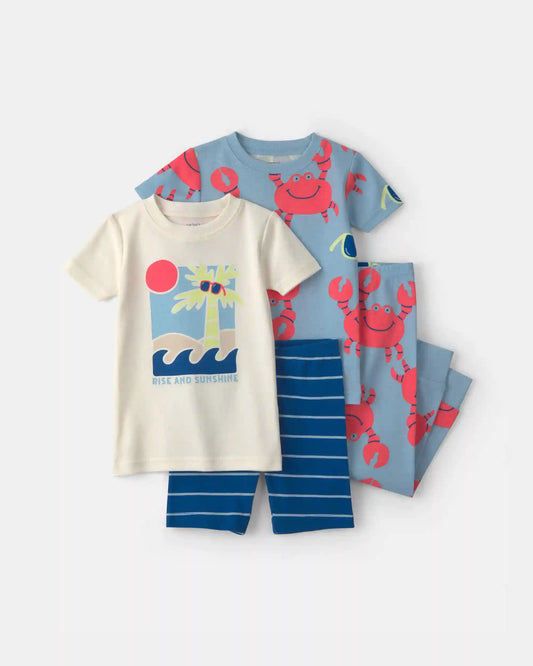 Baby Boy Beach 100% Cotton 4-Piece Pajama Set - Blue/Ivory