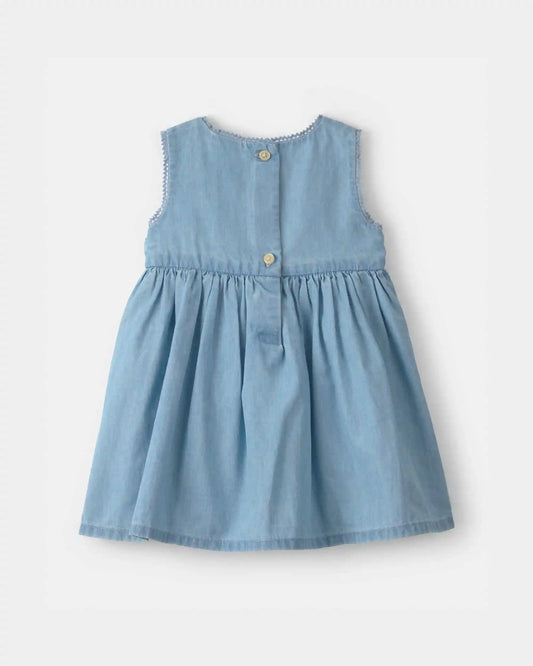 Baby Girl Floral Embroidered Chambray Dress