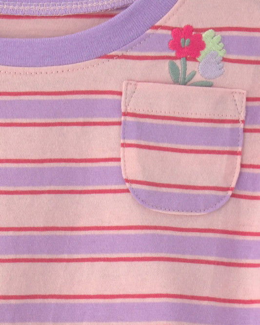 Baby Girl Flower Striped Short-Sleeve Top - Pink/Purple