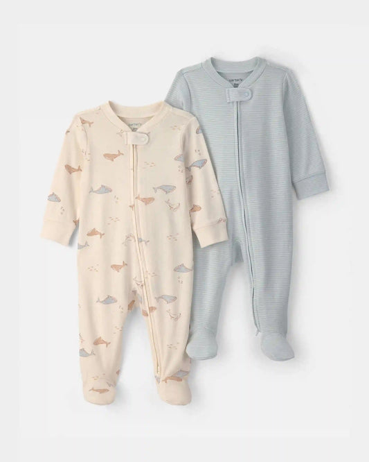 Baby 2-Pack Whale Striped 100% Cotton 2-Way Zip Sleep & Play Pajamas - Blue/Ivory
