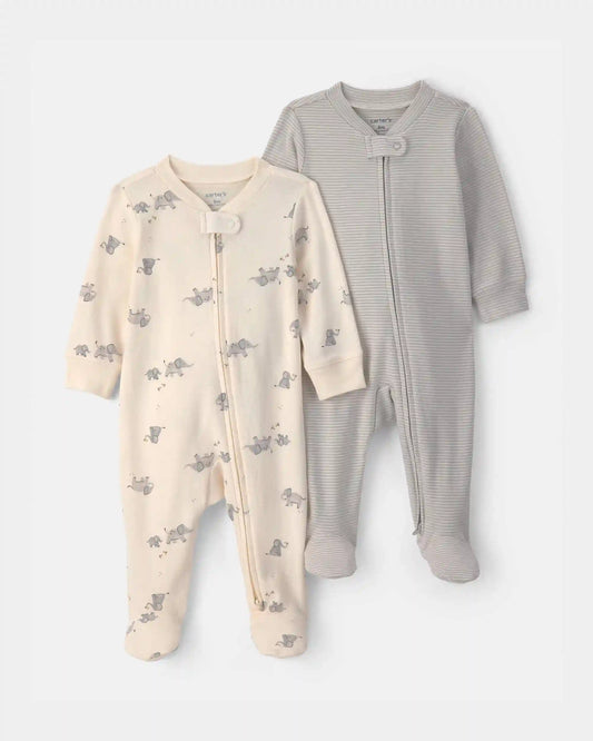 Baby 2-Pack Elephant Striped 100% Cotton 2-Way Zip Sleep & Play Pajamas - Ivory/Grey