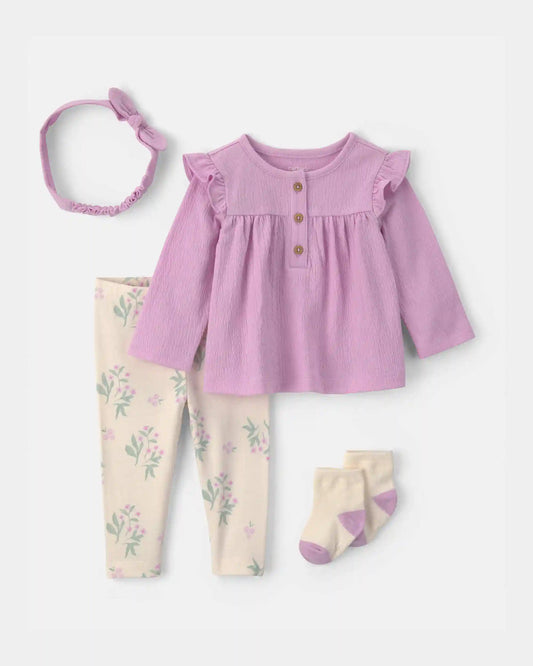 Baby Girl 4-Piece Long-Sleeve Top & Pant Set - Purple