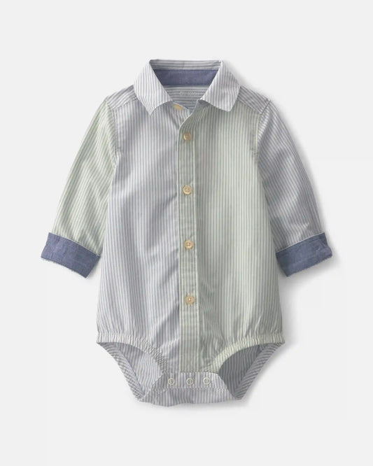 Baby Boy Poplin Long-Sleeve Button-Down Bodysuit - Blue/Green