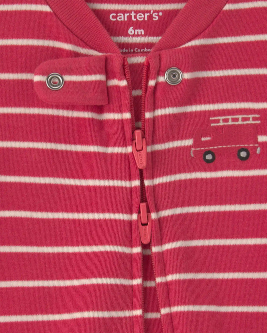 Baby Boy Firetruck Striped 100% Cotton 2-Way Zip Sleep & Play Pajamas - Red