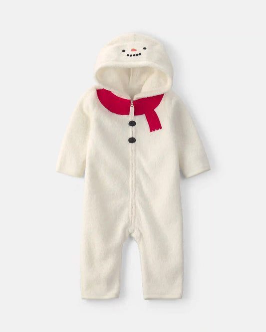Baby Snowman Fleece Long-Sleeve Jumpsuit - Cream