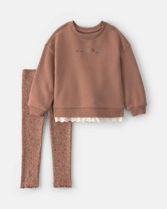 Baby Girl 2-Piece Floral Fleece Sweatshirt & Pant Set - Brown