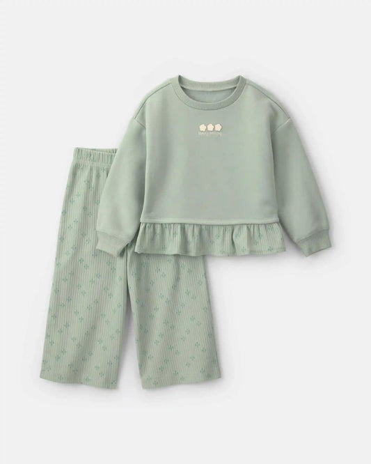 Baby Girl 2-Piece Flower Fleece Long-Sleeve Top & Pant Set - Green