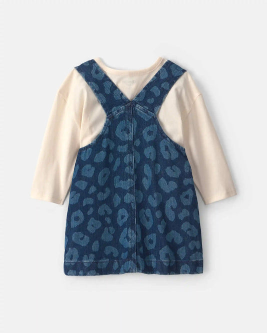 Baby Girl 2-Piece Leopard Denim Long-Sleeve Overall Set - Dark Wash