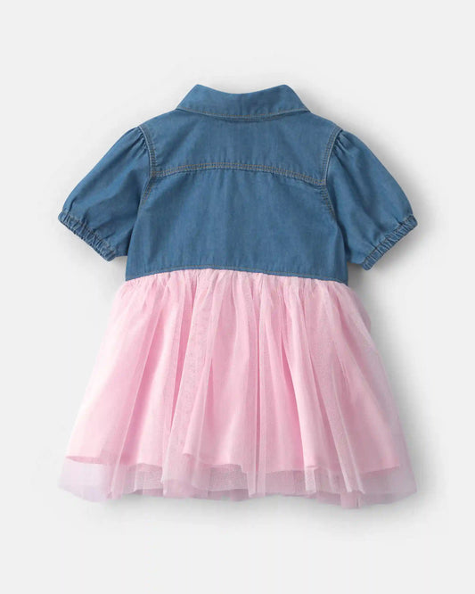 Baby Girl Chambray Tulle Short-Sleeve Dress - Light Wash