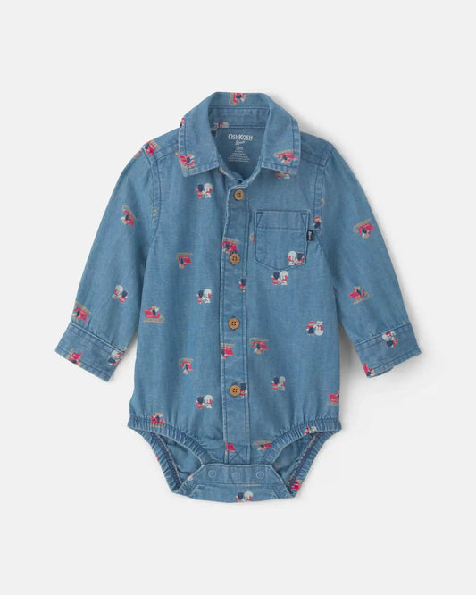 Baby Boy Snowman Chambray Long-Sleeve Bodysuit - Blue