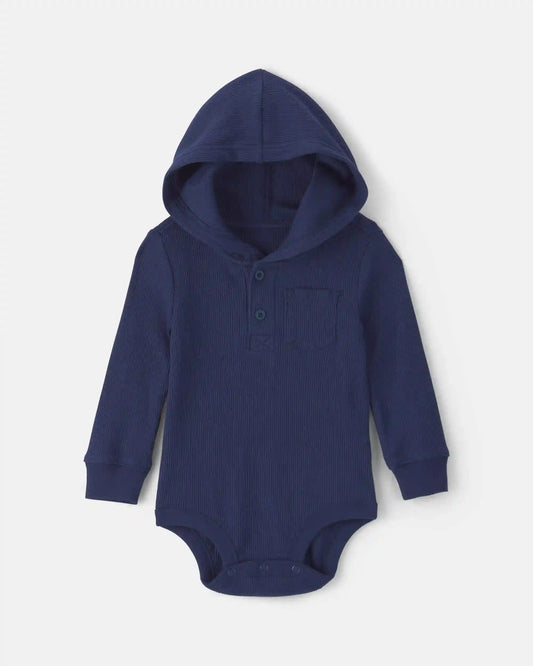 Baby Boy Thermal Long-Sleeve Hooded Bodysuit - Navy Blue