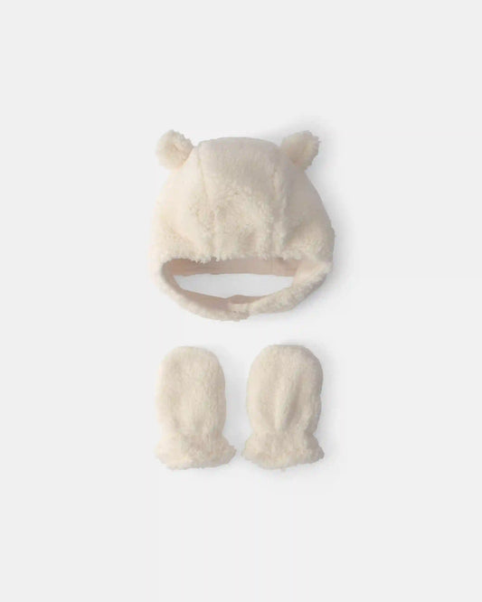 Baby Bear Teddy Fleece Hat & Mitten Set - Cream