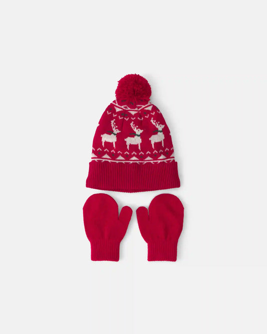 Baby 2-Piece Fair Isle Christmas Beanie & Glove Set - Red