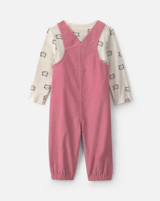 Baby Girl 2-Piece Cat Corduroy Overall Set - Pink