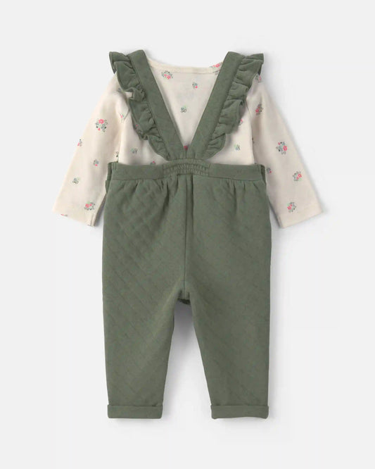 Baby Girl 2-Piece Quilted Overall Set - Olive Green