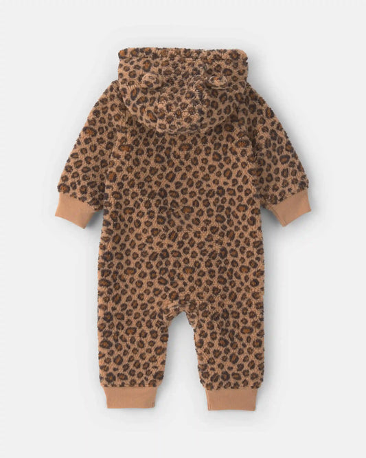 Baby Girl Leopard Teddy Fleece Long-Sleeve Jumpsuit - Brown