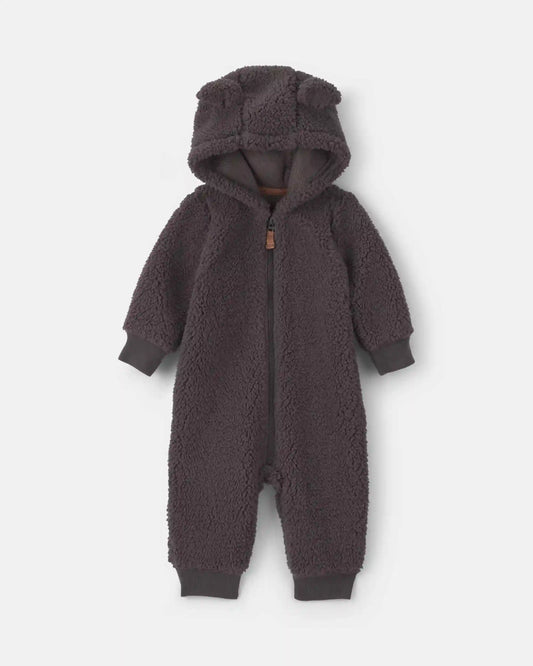 Baby Boy Dog Teddy Fleece Long-Sleeve Jumpsuit - Grey