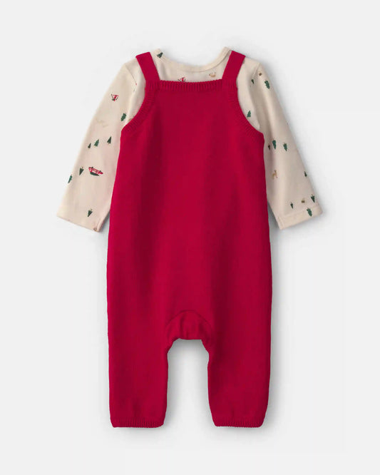 Baby Boy 2-Piece Reindeer Long-Sleeve Sweater Overall Set - Red/Cream