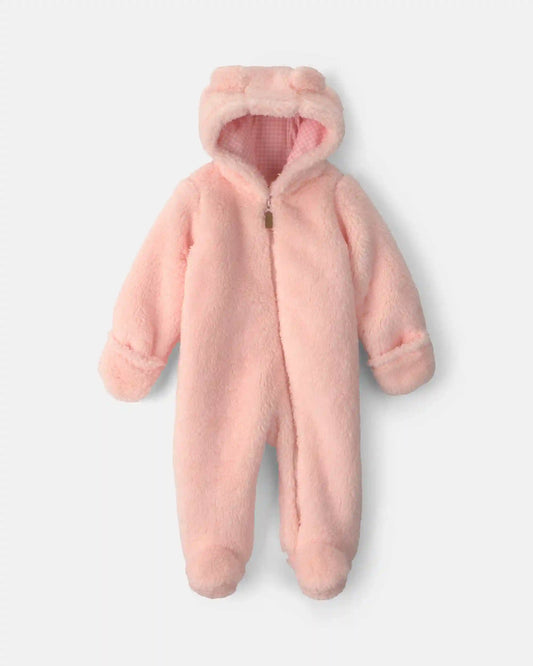 Baby Girl Bear Teddy Fleece Long-Sleeve Jumpsuit - Pink