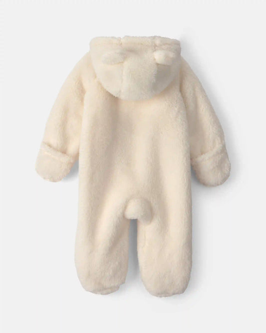Baby Bear Teddy Fleece Long-Sleeve Jumpsuit - Cream