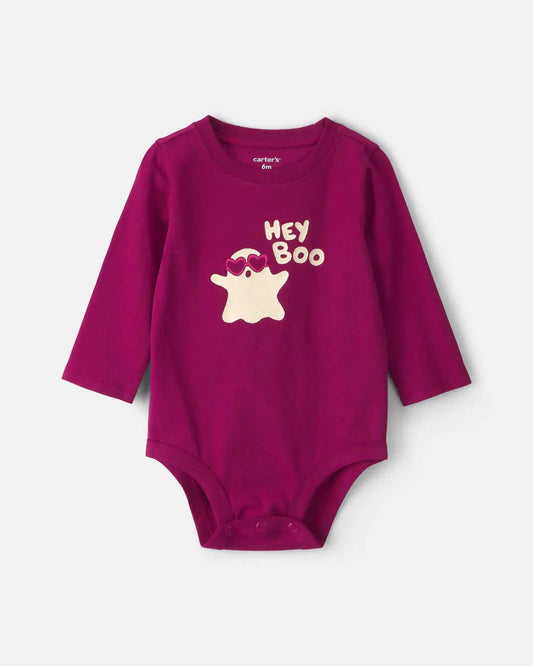 Baby Girl 'Hey Boo' Ghost Long-Sleeve Graphic Bodysuit - Burgundy