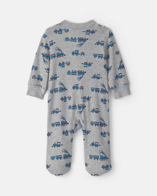 Baby Boy Train Cotton 2-Way Zip Thermal Sleep & Play Pajamas - Grey