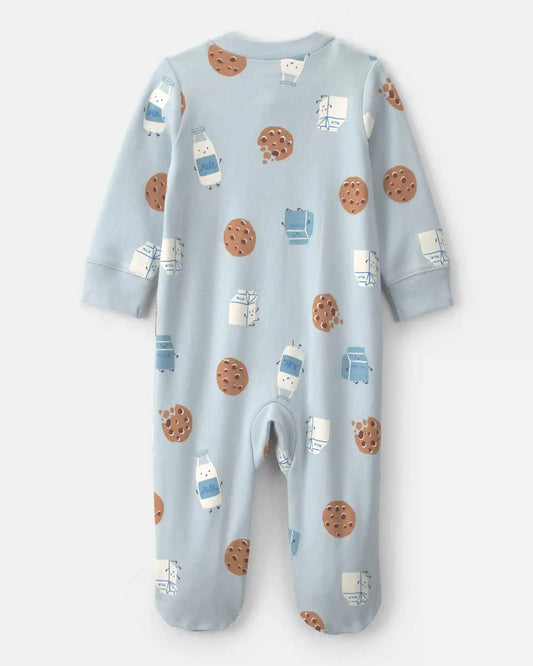 Baby Boy Milk & Cookies 100% Cotton 2-Way Zip Sleep & Play Pajamas - Blue