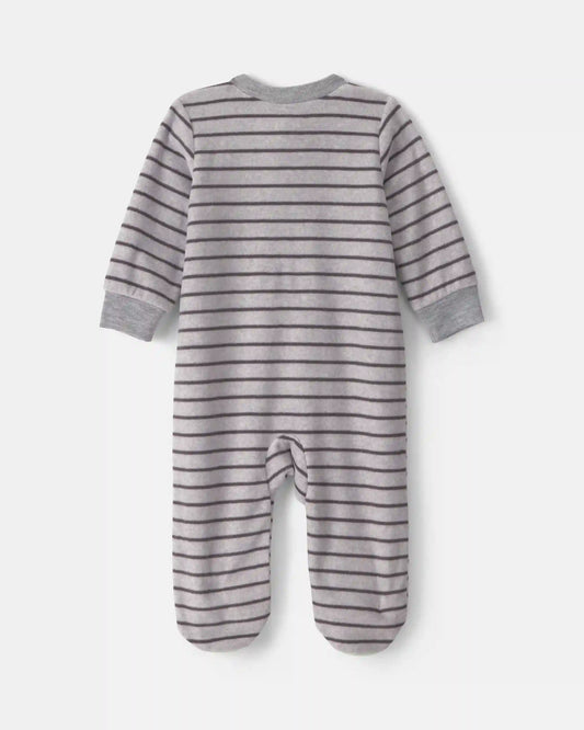 Baby Boy Monster Striped Fleece 2-Way Zip Sleep & Play Pajamas - Grey