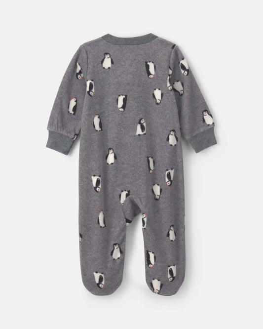 Baby Boy Penguin Fleece 2-Way Zip Sleep & Play Pajamas - Grey