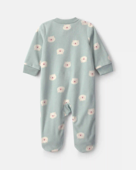 Baby Girl Bear Fleece 2-Way Zip Sleep & Play Pajamas - Green
