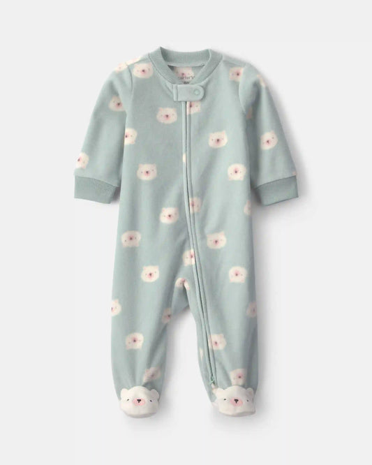 Baby Girl Bear Fleece 2-Way Zip Sleep & Play Pajamas - Green