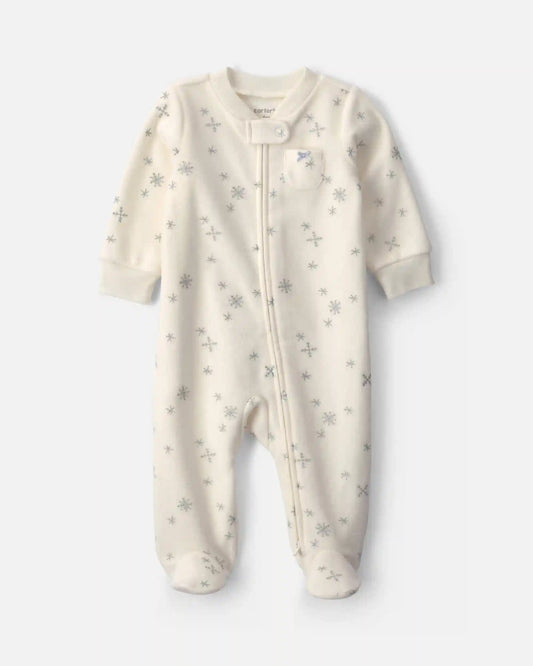 Baby Girl Snowflake Fleece 2-Way Zip Sleep & Play Pajamas - Cream