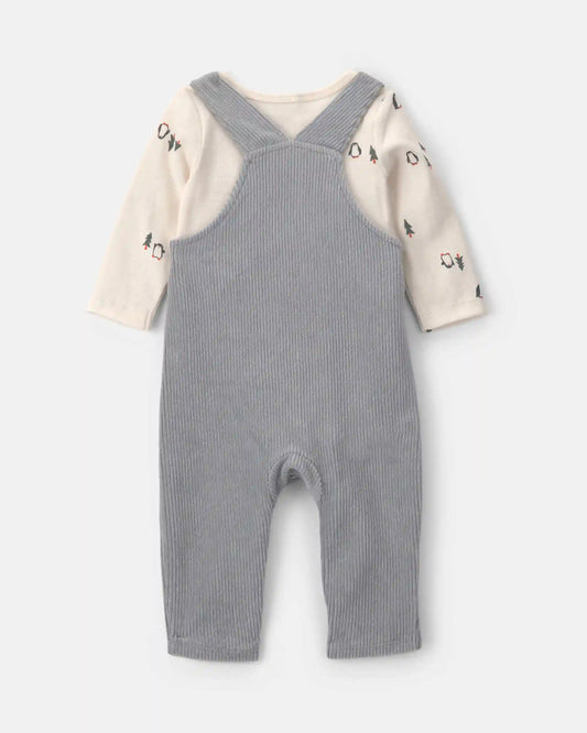 Baby Boy 2-Piece Penguin Long-Sleeve Overall Set - Grey/Cream