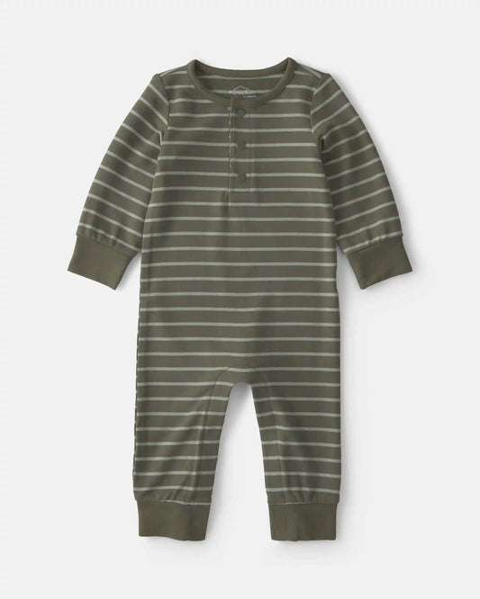 Baby Boy Striped PurelySoft™ Long-Sleeve Jumpsuit - Olive Green