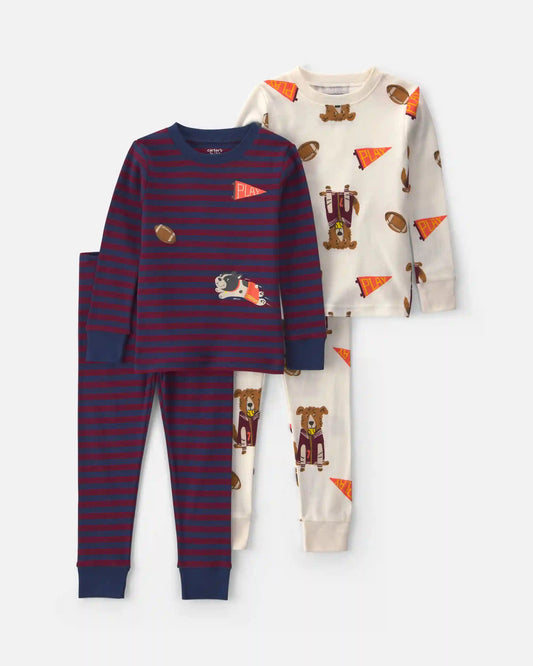 Baby Boy 4-Piece Dog Striped 100% Cotton Snug Fit Pajama Set - Burgundy/Cream