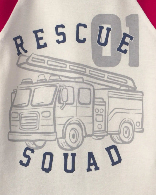 Baby Boy 4-Piece 'Rescue Squad' Firetruck 100% Cotton Snug Fit Pajama Set - Red/Blue